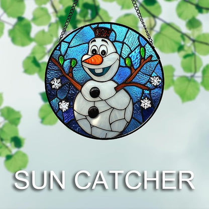 Stained Glass Window Hanging Christmas Funny Snowman 6.3" - Suncatcher Door Garden Blue White Snowflakes Sun Catcher New Year Birthday for Friend Mom Men Woman Nana