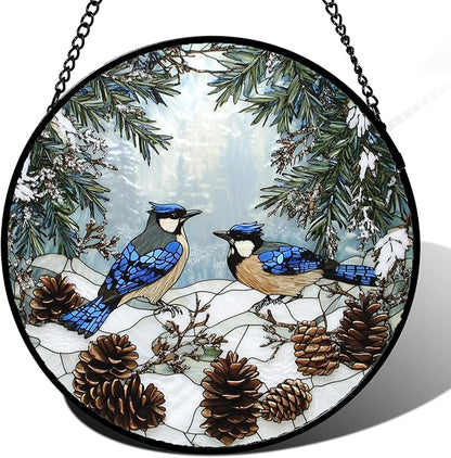 Stained Glass Window Hanging - Blue Bird Winter Forest Landscape Suncatcher for Door Garden Yard Sun Catchers Decor Christmas Mother's Day Birthday Gifts for Women Mom Nana Friend 15 in