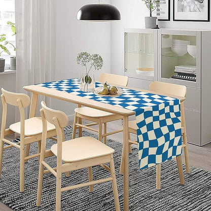 Table Flag Retro Plaid 60s70s Blue Plaid Table Flag Kitchen Restaurant Decoration Suitable for Indoor and Outdoor Festival Home Wedding Party Table Flag 13x108