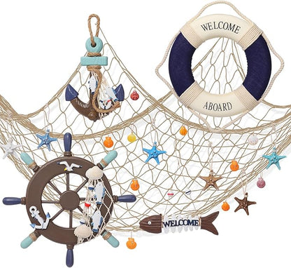 Marsui 11 Pcs Wooden Nautical Wall Decor Fishing Net Decoration, Include Decorative Fishing Net, Ship wheel, Fish Skeleton, Life Ring, Anchor, Starfish Beach Decor for Mediterranean Party (Brown)