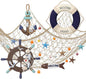 Marsui 11 Pcs Wooden Nautical Wall Decor Fishing Net Decoration, Include Decorative Fishing Net, Ship wheel, Fish Skeleton, Life Ring, Anchor, Starfish Beach Decor for Mediterranean Party (Brown)