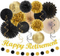 Black Gold Women-Men Happy-Retirement Party-Decorations - 21pcs Celebration Banner,Paper Streamers Lanterns Honeycomb,Tissue Flowers Pom Poms Fan, Classroom Backdrop Supplies Garland Decor Huglony