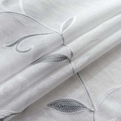 VISIONTEX White Sheer Voile Curtains, Decorative Leaves Embroidery Faux Linen Rod Pocket Window Drapes for Home Kitchen, Living Room and Bedroom 26 x 36 Inch, Set of 2 Curtain Panels