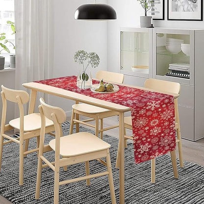 Snowflakes Christmas Table Runner, Winter Holiday Red Table Cloth Kitchen Dining Table Decoration for Home Party Decor 13x90 Inch