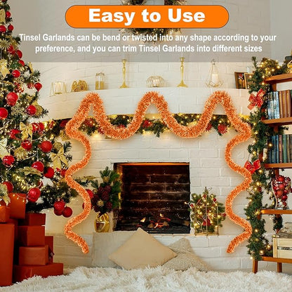 50 Feet Christmas Foil Fringe Banner Metallic Tassle Garland Metallic Backdrop Parade Floats Shiny Hanging Ceiling, Valentine's, Wedding, New Year Party Decorations(2" x 50', Macaron Orange)