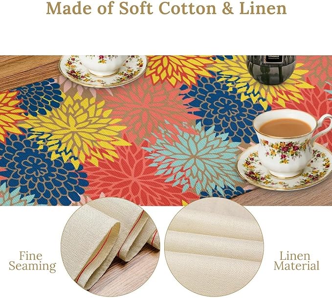 Dahlia Flowers Table Runner Colorful Floral Teal Grey Pink Yellow Blue Abstract Table Runner Kitchen Dining Party Decor Living Room, 13x120 Inch