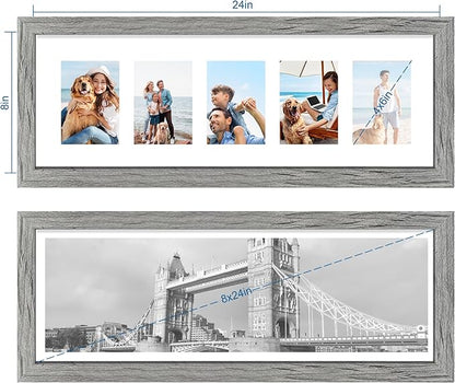 8x24 Picture Frame 2 Pack, Rustic Grey Wood Frame with Tempered Glass, Display Pictures Multiple Five 4x6 With Mat or 8 x 24 Without Mat - Horizontal or Vertical Wall Mounting