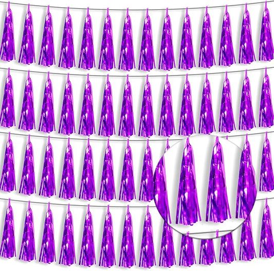 4P Purple Foil Fringe Tassel Banner Garland Metallic Tinsel Streamers Wall Hanging Curtain Backdrop Banner for Parade Floats, 2024 Graduation Decorations, Father's Day Party Decoration