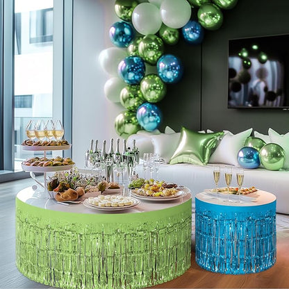 4 Pack Blue Lime Green Purple Series Table Skirts, 29x108" Metallic Foil Tinsel Fringe Table Skirt for Rectangle Tables Streamer Curtains Backdrop, Party Decorations for Birthdays, Weddings, Holidays