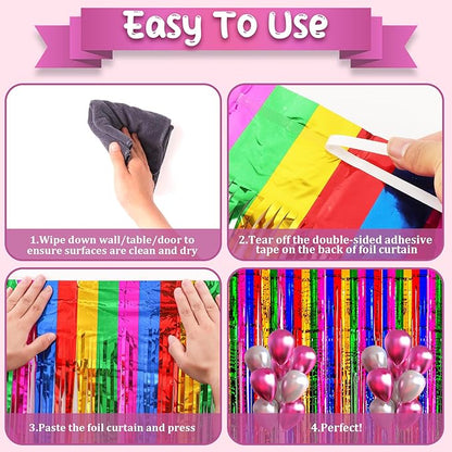 4 Pack 3.3x8.2 Feet Rainbow Foil Fringe Backdrop Curtains, Tinsel Streamers Birthday Party Decorations, Fringe Backdrop for Graduation, Baby Shower, Gender Reveal, Disco Party