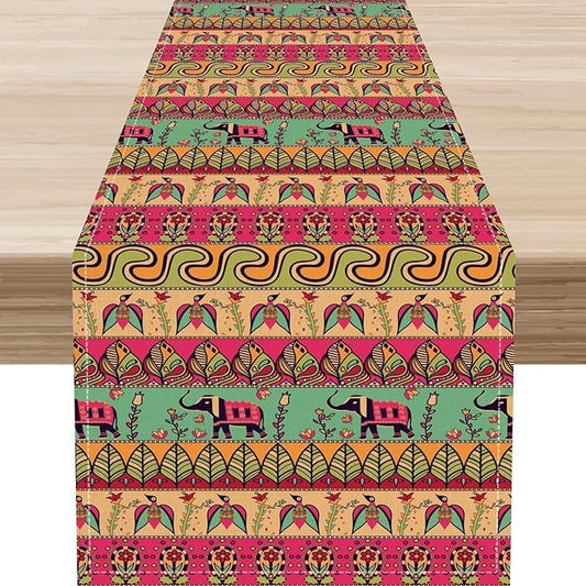 Boho Table Runner, Indian Bohemian Elephant Mandala Paisley Floral Hippie Art Print Table Center Decor for Home Kitchen Dining Patio Holiday Party Indoor Outdoor Table Decorations, 13"x108" Inch