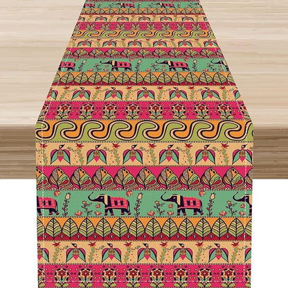 Boho Table Runner, Indian Bohemian Elephant Mandala Paisley Floral Hippie Art Print Table Center Decor for Home Kitchen Dining Patio Holiday Party Indoor Outdoor Table Decorations, 13"x72" Inch