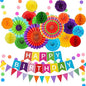 Colorful Birthday Decorations - Mexican Fiesta Party Decorations with Happy Birthday Banner, Paper Fans, Paper Pom Poms,Dots Garland, Pennant Banner, Honeycomb Balls Packs