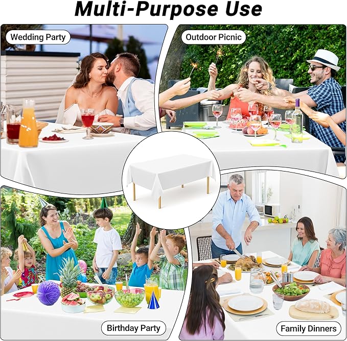 QZYL 12 Packs Disposable White Plastic Table Cloths, 54 X 108 Inches Dining Table Cloth, Plastic Tablecloths for Rectangle Tables, Quick Setup and Cleanup for Parties Picnic, Wedding and Outdoor