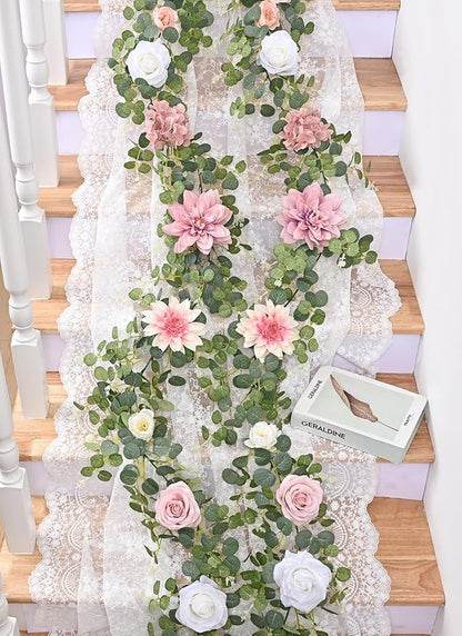 Waipfaru 2 Pcs Flower Garland, 12.14ft Eucalyptus Garland Vines with Flowers for Wedding Reception Table Mantle Spring Room Decor (Rose Pink)