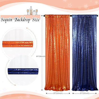ShinyBeauty Navy and Orange Backdrop - 2FTx8FT Blue Photo Backdrops, Sequin Curtains, Glitter Fabric for Happy Birthday Parties and Events Halloween Decor