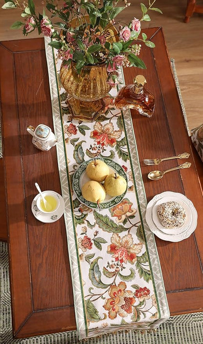 patdrea Designer Elegant French Floral Velvet Table Runner, Fresh Green with Orange Blossoms Pattern Table Mat, Decoration for Kitchen Dining Coffee Table Cabinet Banquet Thanksgiving,12"*102"