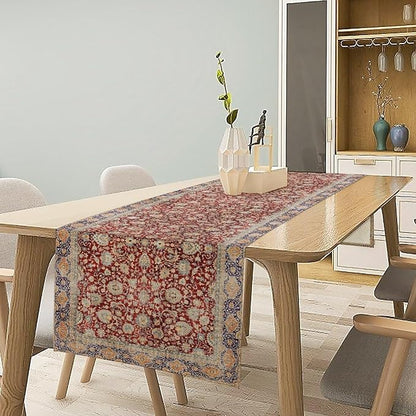 Boho Bohemia Style Table Runner, Vintage Red Blue Retro Flower Rustic Country Style Floral Print Pattern for Home Kitchen Table Decor Dining Coffee Room Garden Party Decor 13x60in