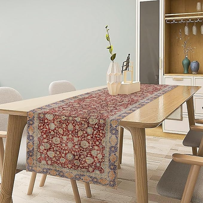 Boho Bohemia Style Table Runner, Vintage Red Blue Retro Flower Rustic Country Style Floral Print Pattern for Home Kitchen Table Decor Dining Coffee Room Garden Party Decor 13x108in
