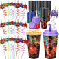 Yungyan 24 Sets Dragon Party Favors Goodie Cups with Lids and Straws for Birthday Decorations Reusable 16oz Plastic Candy Cups Plastic Straws for Birthday Party (Dragon)