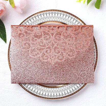 PONATIA 5.12 X 7.2 Rose Gold Glitter Wedding Invitations, 20PCS Tri-Fold Laser Cut Invitations Pockets With Envelopes For Wedding Bridal Shower Engagement Quinceanera Invitations (No Inner Sheet)