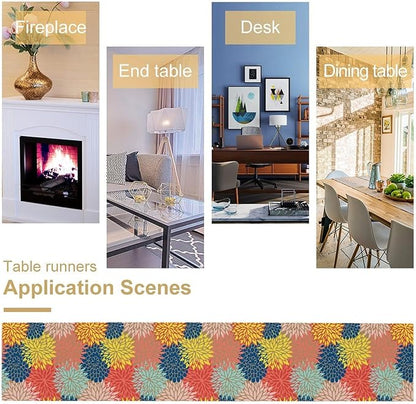 Dahlia Flowers Table Runner Colorful Floral Teal Grey Pink Yellow Blue Abstract Table Runner Kitchen Dining Party Decor Living Room, 13x108 Inch