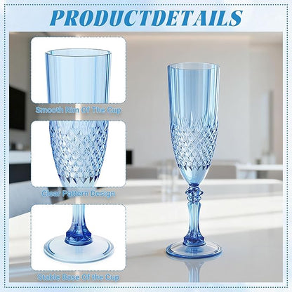 Plastic Champagne Flutes, 48PCS Blue Wine Glasses Goblets Cups Reusable Flute, for Weddings Bachelor Parties Toasting and Events (48, Blue)
