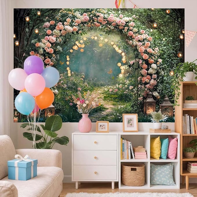 12x10ft Enchanted Forest Wedding Photography Backdrop Wonderland Roses Fairy Tale Backdrop Pink Flower Birthday Newborn Baby Shower Wedding Bridal Party Banner Photo Booth Props Anniversary Background