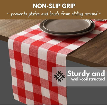 Native Fab Table Runner Buffalo Check Plaid 100% Cotton - 13x72 Inches Kitchen Dining Table Decoration for Indoor Outdoor Farmhouse Home Party Decor - Red and White