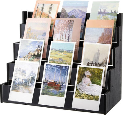 4 Tier Greeting Card Display Stand Black Bamboo and Acrylic Sticker Display Stand Trading Card Holder Retail Photos Shelf for Vendors Craft Collection & Show