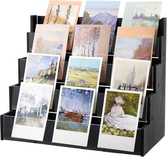 4 Tier Greeting Card Display Stand Black Bamboo and Acrylic Sticker Display Stand Trading Card Holder Retail Photos Shelf for Vendors Craft Collection & Show