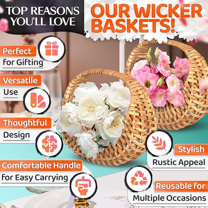 Small Flower Girl Basket Set of 2 – Small Wicker Basket with Handle & Waterproof Lining (6.3" х 5.12" х 3.75") Rustic Style for Wedding Flowers, Sweets & Gifts – Compact, Lightweight & Multifunctional