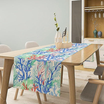 Summer Shell Starfish Table Runner, Seasonal Spring Summer Tropical Ocean Beach Indoor Party Kitchen Outdoor Table Decor 13x60 Inch