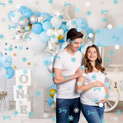 MARFOREVER Winter Baby Shower Table Confetti, 200 Pcs Glitter Blue Silver Snowflake Table Decorations Winter Gender Reveal Party Confetti Sprinkle for Winter Birthday Party Baby Shower Decorations