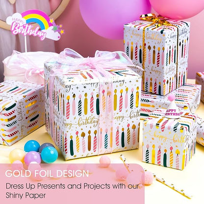 Yarcony Birthday Candle Wrapping Paper Roll - 17Inch X 33Feet - Elegant Rainbow Gold Foil Candles Gift Wrap Paper for Girl's Birthday, Christmas, Holiday, Party and Sophisticated Celebration