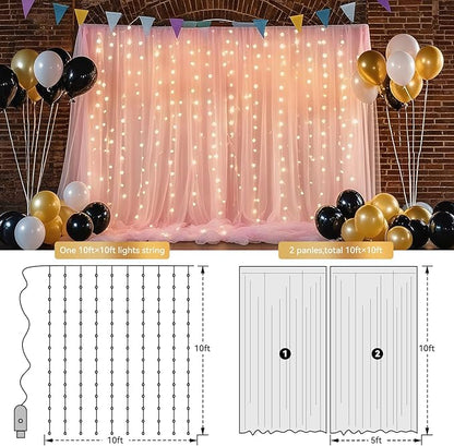 10×10ft Tulle Backdrop Curtains with Lights String - 300LED Fairy Lights Sheer Curtain Backdrop for Weddings Baby Shower and Birthday Party Decorations(8 Panels 5×10ft)