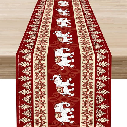 Boho Elephant Table Runner, Vintage Tribal Traditional African Animals Ethnic Folk Red Table Center Decor for Home Kitchen Dining Patio Holiday Party Indoor Outdoor Table Decorations, 13"x90" Inch