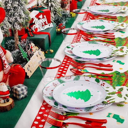 Festiva 176Pcs Christmas Plastic Plates Heavy Duty- Christmas disposable Dinnerware Set-include 50Plates 25Plastic Silverware 25Cups 25Holly Berry Napkins