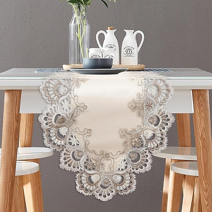 Vintage Lace Dining Table Runner, 120 Inches Floral Coffee Table Runners for Kitchen Home Christmas Party Decorations (16x120 inch, Off White)