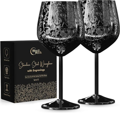 Stainless Steel Wine Glasses - Set of 2 Etched 16 oz Metal Goblets, Unbreakable Rose Gold Cups for Camping, Travel, Outdoor Events, Picnics, Luxury Wine Gifts for Women and Men