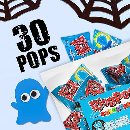 Ring Pop Individually Wrapped Blue Halloween Candy, 30 Ct Bulk Lollipop Pack, Raspberry Flavored Lollipop Suckers for Kids, Fun Candy Bulk for Trick or Treat, Halloween Bowls, Gifts, Party Favors