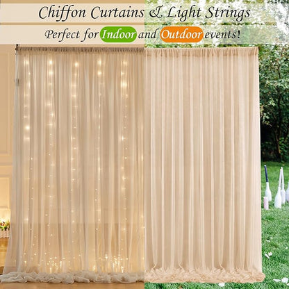 10ft x 10ft Champagne Chiffon Backdrop Curtain with Lights String for Parites Wedding Wrinkle Free Curtain Photo Backdrops Drapes for Baby Shower Birthday Party Home Decorations