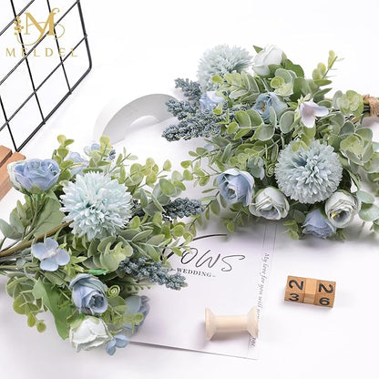 Meldel 3Pcs Rose Bouquet Blue Artificial Flowers Fake Eucalyptus Plants Silk Flower Arrangements Wedding Bouquets Decorations Plastic Floral Table Centerpieces for Home Kitchen Garden Party Decor