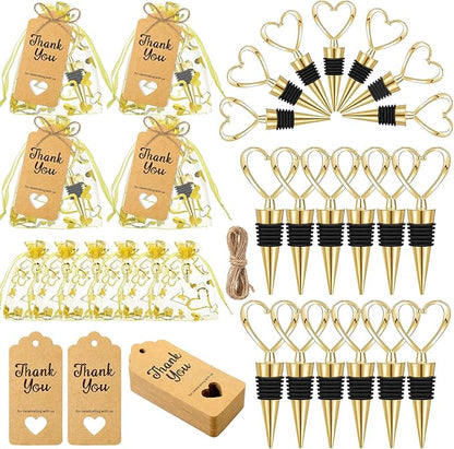 Buryeah 24 Set Wedding Heart Shaped Wine Stopper Party Favors Bulk Beverage Bottle Stopper Wine Cork Love Design Souvenirs for Guest with Sheer Bag Labels Rope Gift for Engagement Bridal Shower, Gold