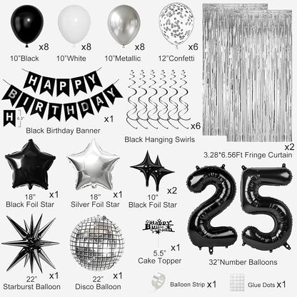 25th Birthday Decorations for Men Women, Black Silver Happy Birthday Party Decorations， 25 Year Old Party Supplies with Number 25 Balloons, Banner, Fringe Curtains Kit