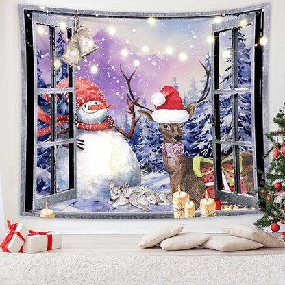 QGHOT Christmas Window Tapestry Wall Hanging Christmas Backdrop Winter Window Wall Decor Xmas Snowman Deer Tapestries for Bedroom Living Room Dorm Holiday Party Decoration, Large