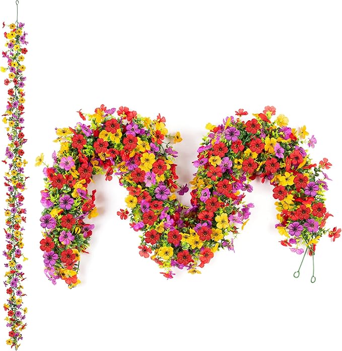 Artificial Flowers Garland Ivy, 4 Pack 5.9 FT Fall Decor UV Resistant Fake Mums Floral Vine Silk Daisy Hanging Flower for Home Garden Wedding Decor Photo Booth Backdrop(Red Purple Yellow)