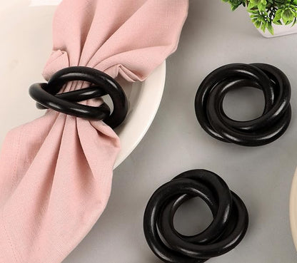 Three Ring Wooden Napkin Rings Set of 12 - Acacia Wood Interlocked Napkin Holder Cuffs for Dinner Table Décor - Rustic Modern Serviette Rings for Weddings, Parties, Receptions (Black) - CLEENTABLE