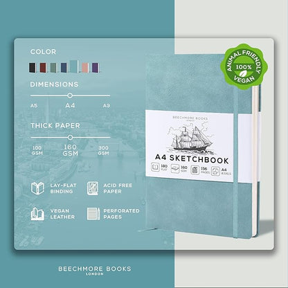 BEECHMORE BOOKS A4 Sketchbook – 8.5x11 Premium Vegan Leather Bound Large Sketch Book Hardcover With 156 Thick 160gsm Perforated Ivory Pages, Blank Sketch Pad, Gift Boxed, Back Pocket, Ribbon Bookmark