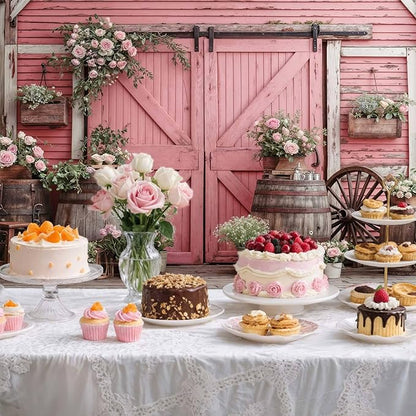 9x6ft Country Wedding Photography Backdrop Rustic Barn Door Photography Backdrop Farmhouse Pink Flower Cabin Wooden Birthday Baby Shower Wedding Bridal Party Banner Photo Booth Props Background
